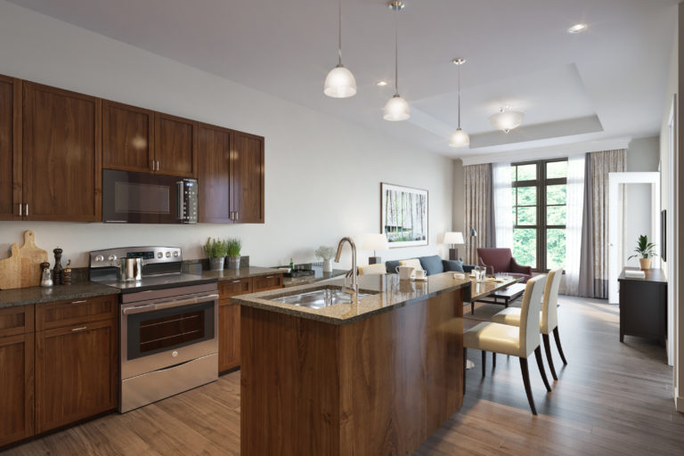 floor plan Mission Chateau - Unit IL 1 - View 1, fully equipped kitchen with beautiful wooden features