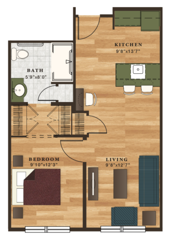 Floor plan 1 Bedroom / 1 Bath / 597 square feet