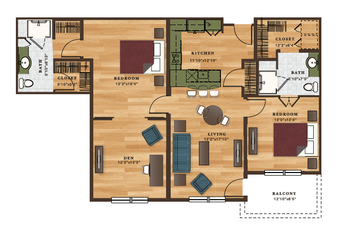 floor plan 2 Bedrooms / 2 Baths / Den / 1260 square feet