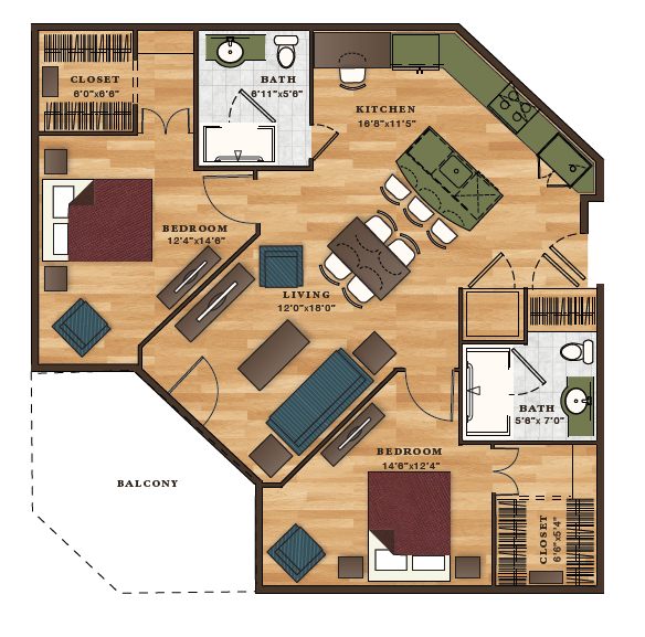 2 BEDROOMS / 2 BATHS / 1107 SQUARE FEET