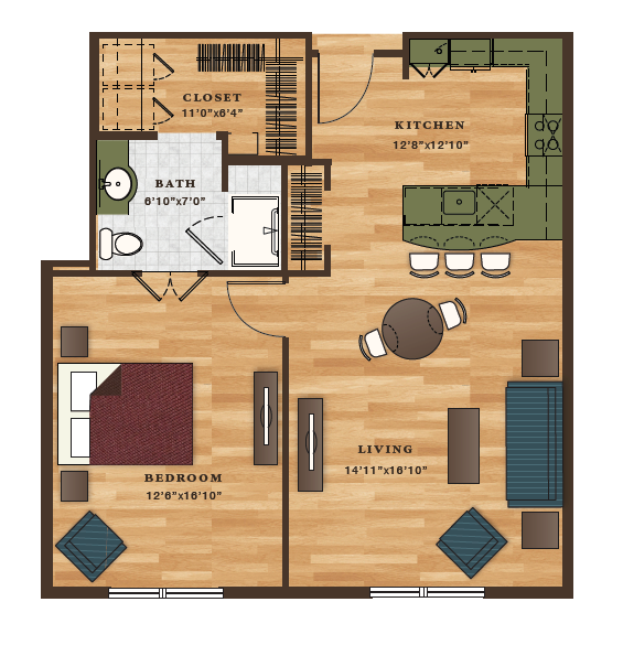 Floor plan 1 Bedroom, 1 Bath 833 sq. ft.